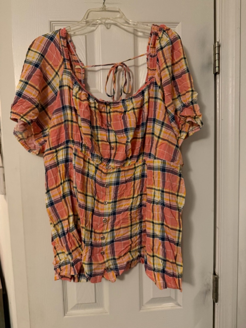 torrid Pink and Yellow Plaid Peasant Blouse